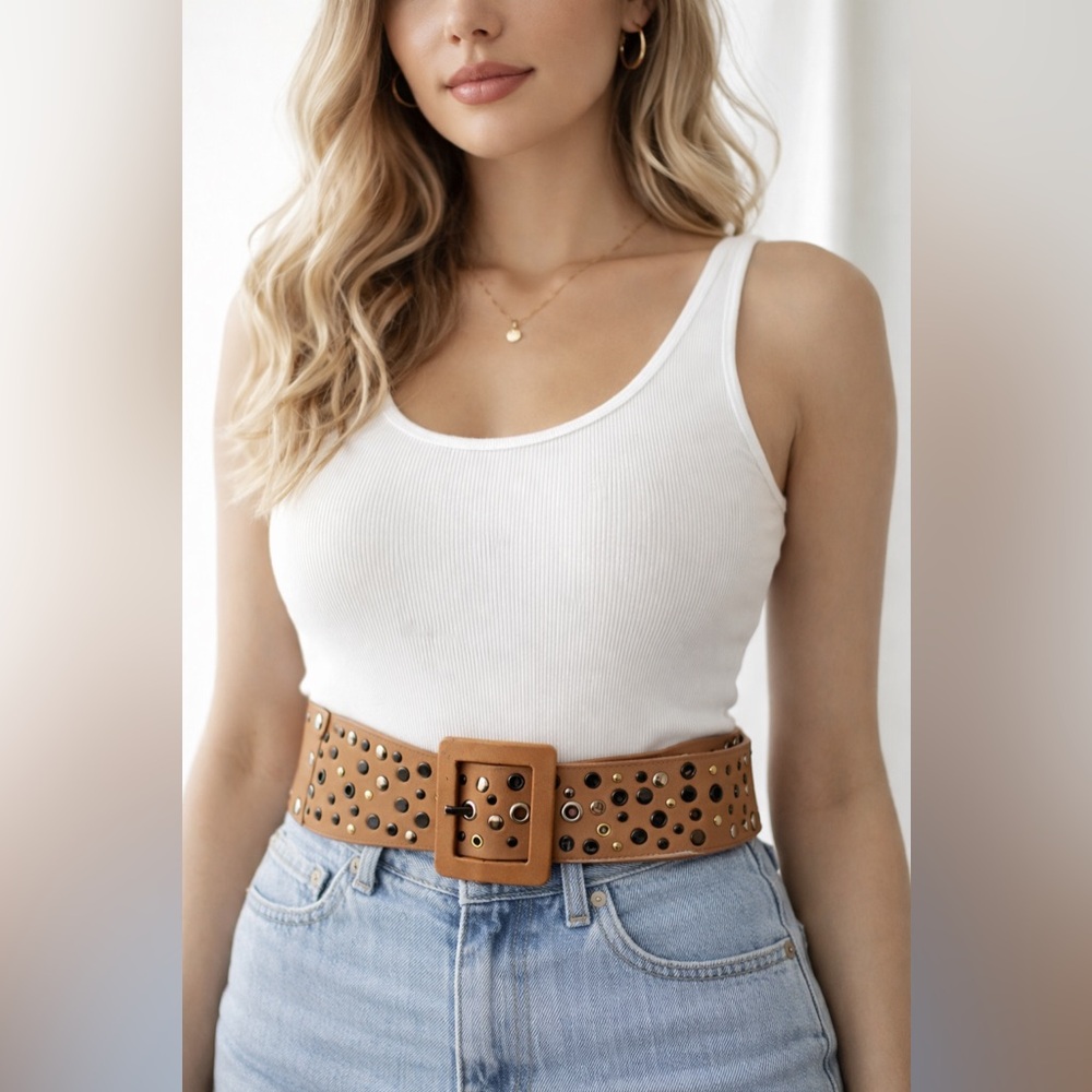 Calvin Klein Tan Leather Studded Belt Sz. M‎